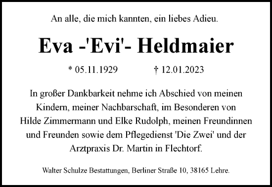 Traueranzeige von Eva Heldmaier von Helmstedter Nachrichten