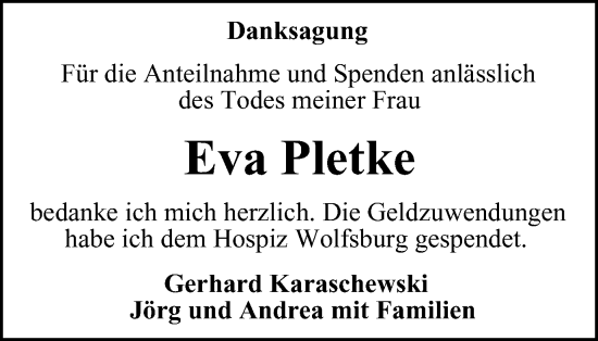 Traueranzeige von Eva Pletke von Wolfsburger Nachrichten