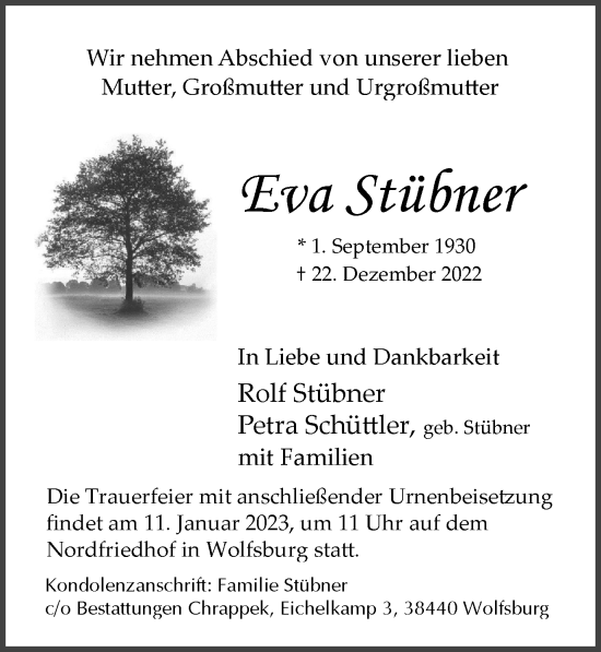 Traueranzeige von Eva Stübner von Wolfsburger Nachrichten