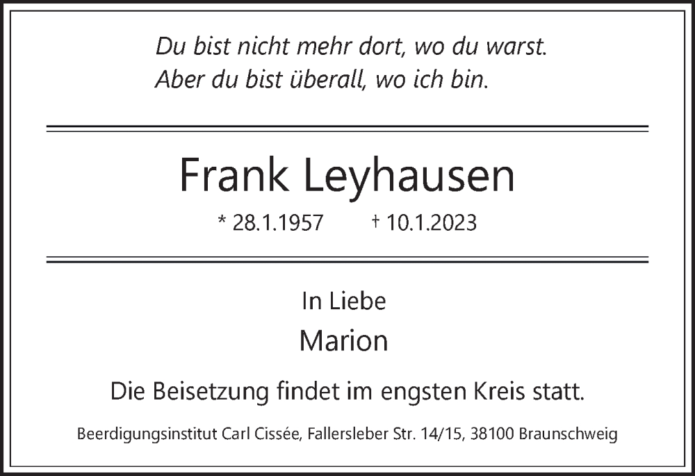  Traueranzeige für Frank Leyhausen vom 14.01.2023 aus Braunschweiger Zeitung