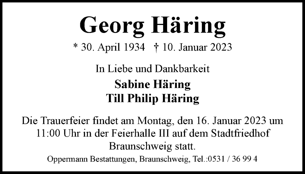  Traueranzeige für Georg Häring vom 14.01.2023 aus Braunschweiger Zeitung