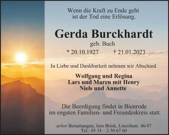Traueranzeige von Gerda Burckhardt von Braunschweiger Zeitung