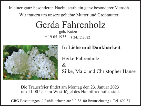 Traueranzeige von Gerda Fahrenholz von Braunschweiger Zeitung