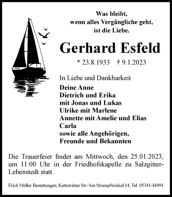 Traueranzeige von Gerhard Esfeld von Salzgitter-Zeitung