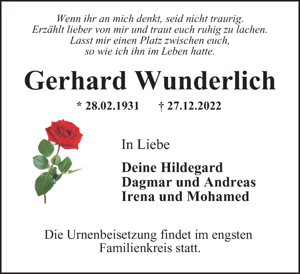  Traueranzeige für Gerhard Wunderlich vom 07.01.2023 aus Braunschweiger Zeitung