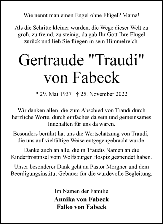 Traueranzeige von Gertraude von Fabeck von Wolfsburger Nachrichten