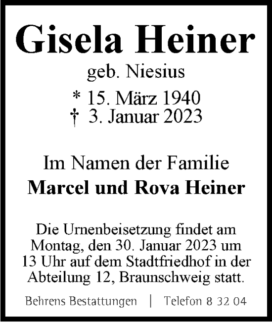 Traueranzeige von Gisela Heiner von Braunschweiger Zeitung