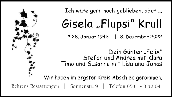 Traueranzeige von Gisela Krull von Braunschweiger Zeitung
