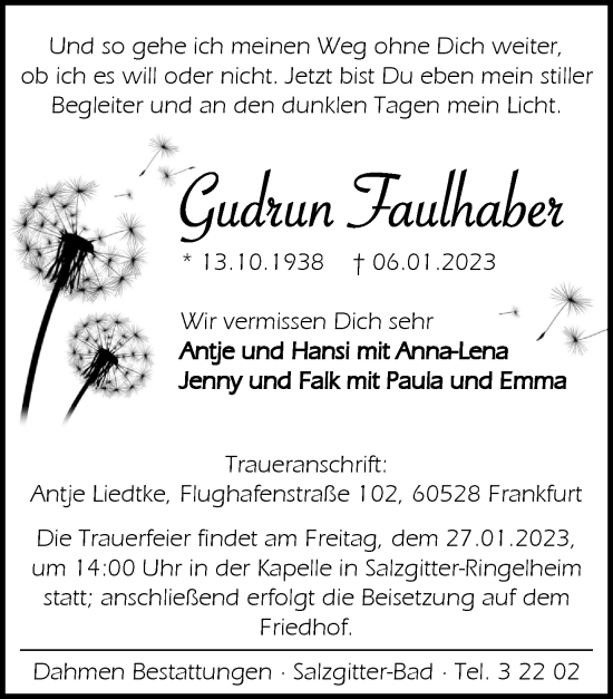 Traueranzeige von Gudrun Faulhaber von Salzgitter-Zeitung