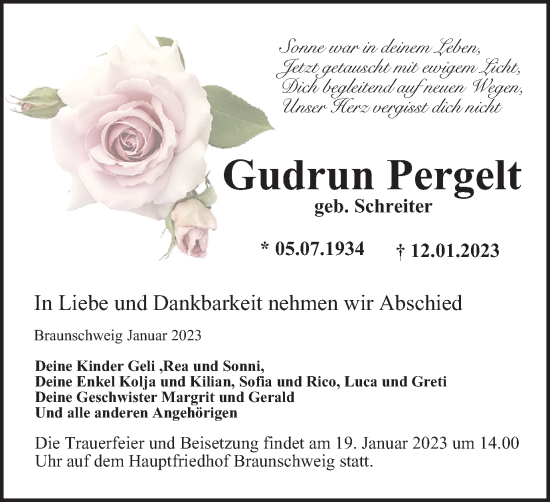 Traueranzeige von Gudrun Pergelt von Braunschweiger Zeitung