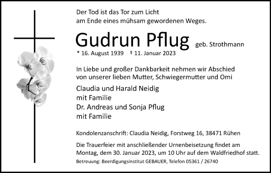 Traueranzeige von Gudrun Pflug von Wolfsburger Nachrichten