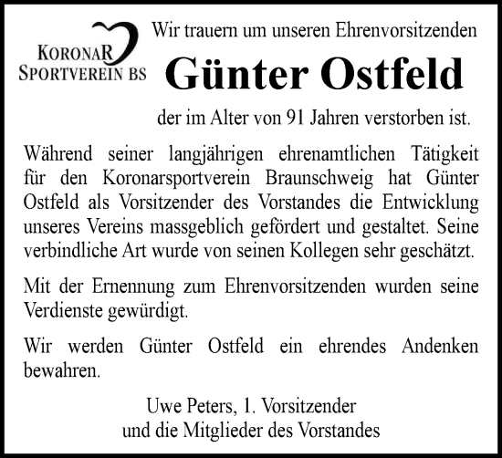 Traueranzeige von Günter Ostfeld von Braunschweiger Zeitung