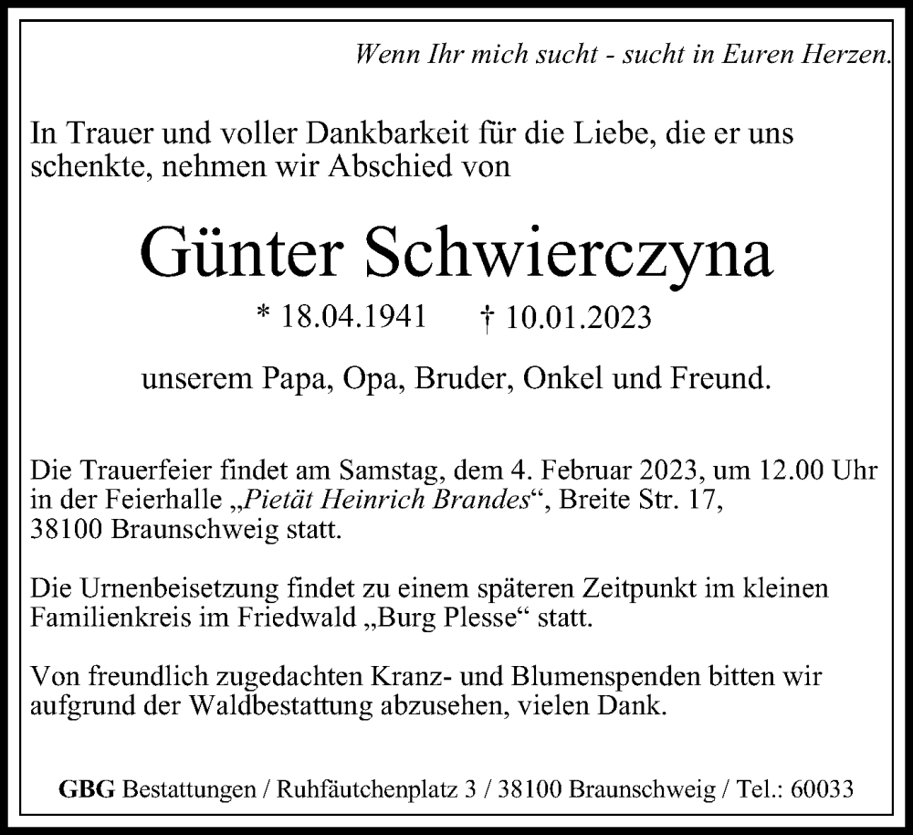  Traueranzeige für Günter Schwierczyna vom 28.01.2023 aus Braunschweiger Zeitung