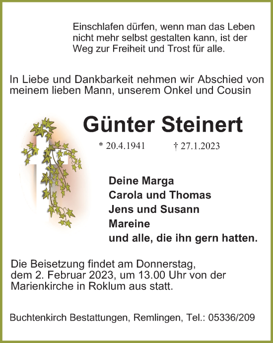 Traueranzeige von Günter Steinert von Wolfenbütteler Zeitung