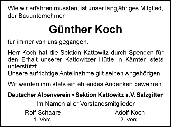 Traueranzeige von Günther Koch von Salzgitter-Zeitung