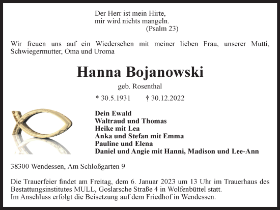 Traueranzeige von Hanna Bojanowski von Braunschweiger Zeitung