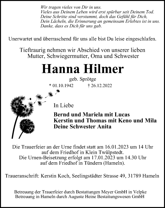 Traueranzeige von Hanna Hilmer von Wolfsburger Nachrichten