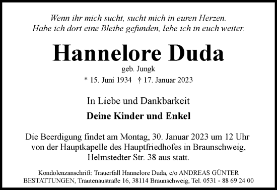 Traueranzeige von Hannelore Duda von Braunschweiger Zeitung