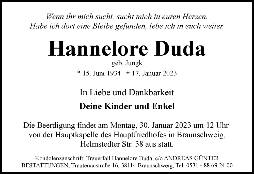  Traueranzeige für Hannelore Duda vom 21.01.2023 aus Braunschweiger Zeitung