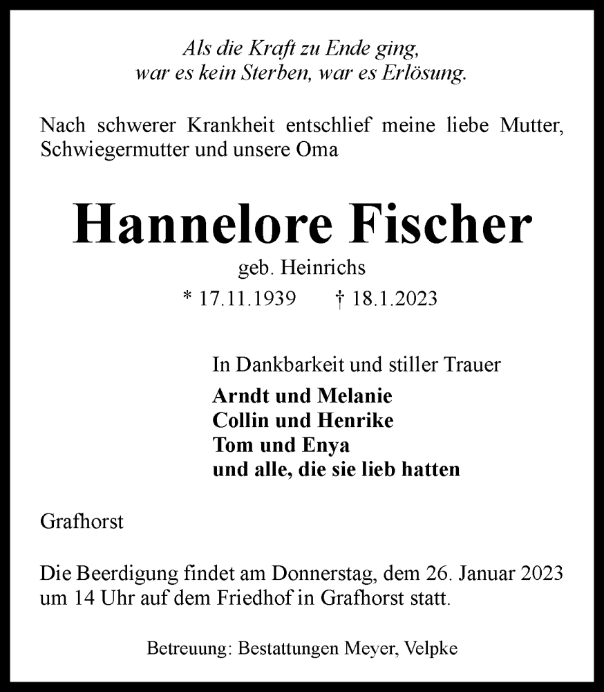  Traueranzeige für Hannelore Fischer vom 23.01.2023 aus Wolfsburger Nachrichten