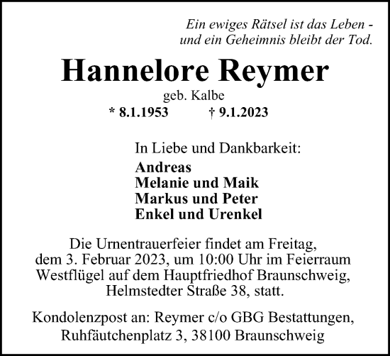 Traueranzeige von Hannelore Reymer von Braunschweiger Zeitung