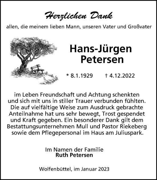 Traueranzeige von Hans-Jürgen Petersen von Wolfenbütteler Zeitung