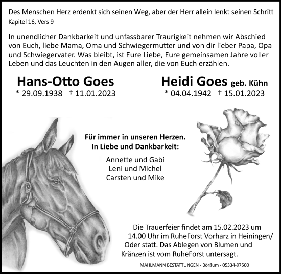 Traueranzeige von Hans-Otto und Heidi Goes von Wolfenbütteler Zeitung