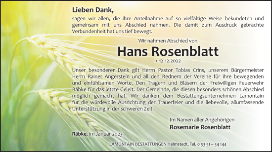Traueranzeige von Hans Rosenblatt von Helmstedter Nachrichten