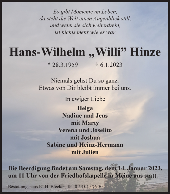 Traueranzeige von Hans-Wilhelm Hinze von Braunschweiger Zeitung