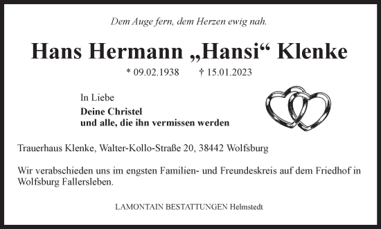 Traueranzeige von Hans Hermann  Klenke von Wolfsburger Nachrichten