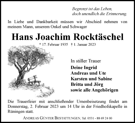 Traueranzeige von Hans Joachim Rocktäschel von Braunschweiger Zeitung