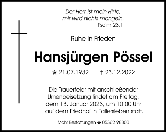 Traueranzeige von Hansjürgen Pössel von Wolfsburger Nachrichten