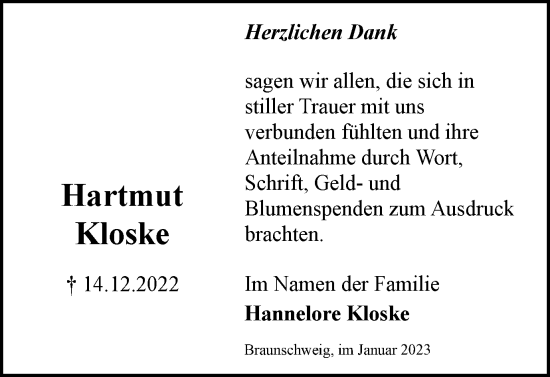 Traueranzeige von Hartmut Kloske von Braunschweiger Zeitung