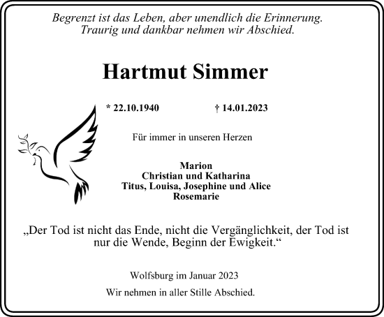 Traueranzeige von Hartmut Simmer von Wolfsburger Nachrichten