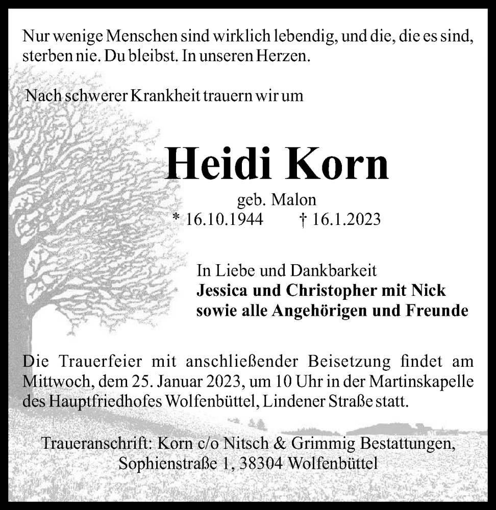  Traueranzeige für Heidi Korn vom 21.01.2023 aus Wolfenbütteler Zeitung