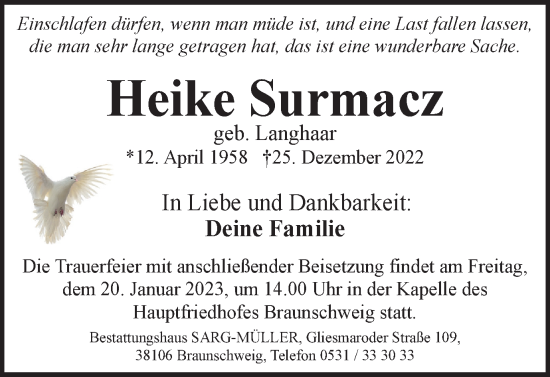 Traueranzeige von Heike Surmacz von Braunschweiger Zeitung