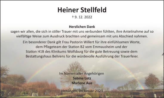 Traueranzeige von Heiner Stellfeld von Wolfsburger Nachrichten