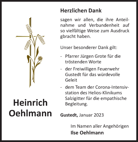 Traueranzeige von Heinrich Oehlmann von Salzgitter-Zeitung