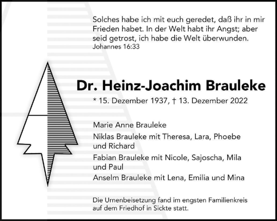 Traueranzeige von Heinz-Joachim Brauleke von Wolfsburger Nachrichten
