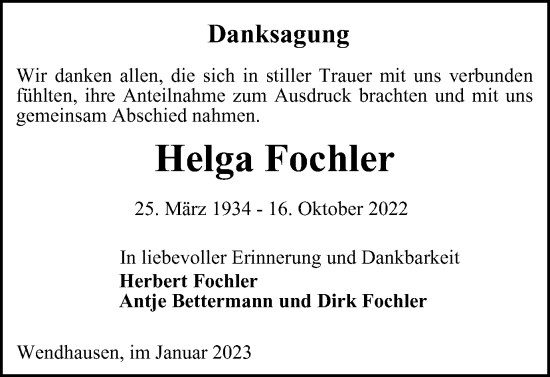 Traueranzeige von Helga Fochler von Helmstedter Nachrichten