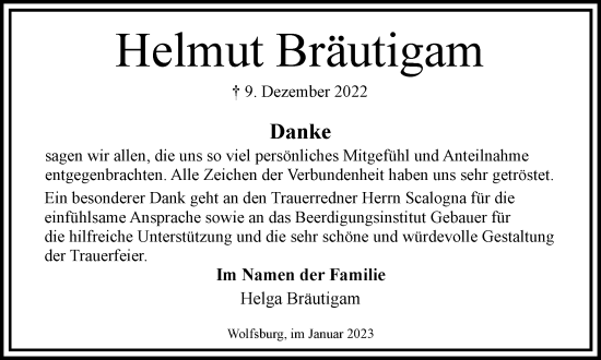 Traueranzeige von Helmut Bräutigam von Wolfsburger Nachrichten