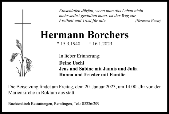 Traueranzeige von Hermann Borchers von Wolfenbütteler Zeitung