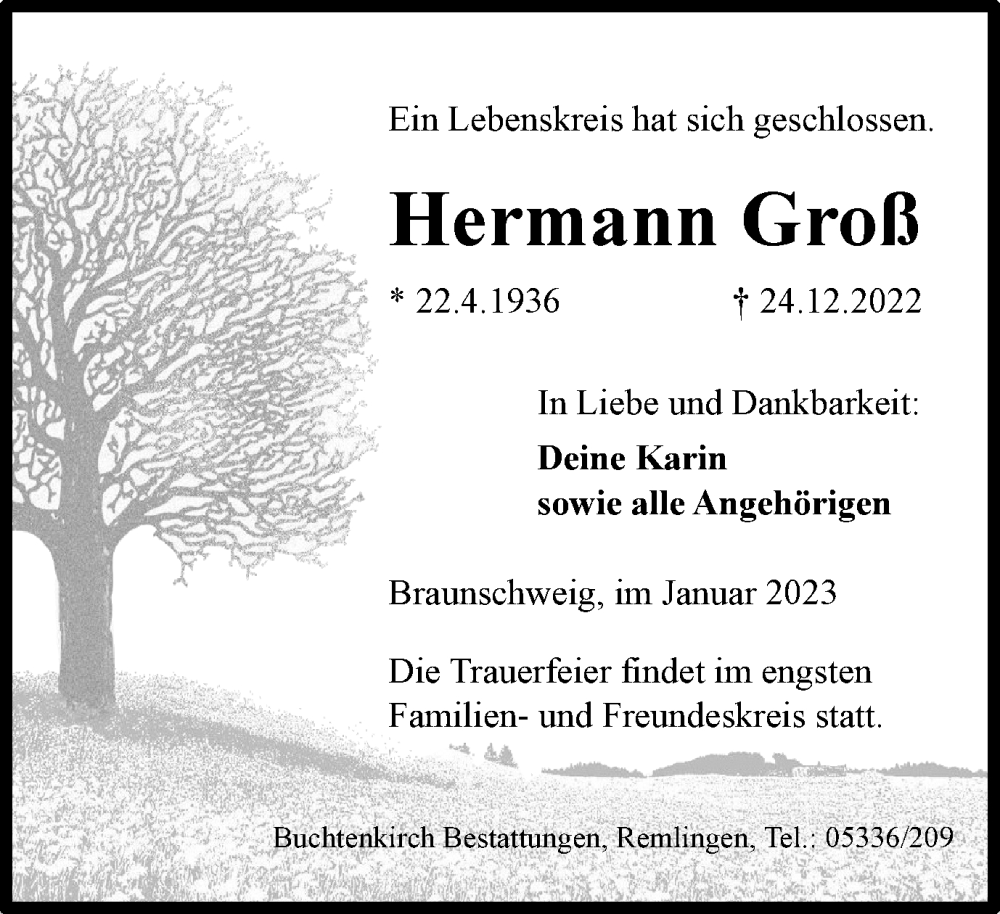  Traueranzeige für Hermann Groß vom 07.01.2023 aus Braunschweiger Zeitung