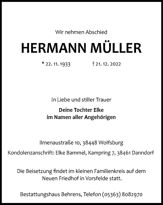 Traueranzeige von Hermann Müller von Wolfsburger Nachrichten