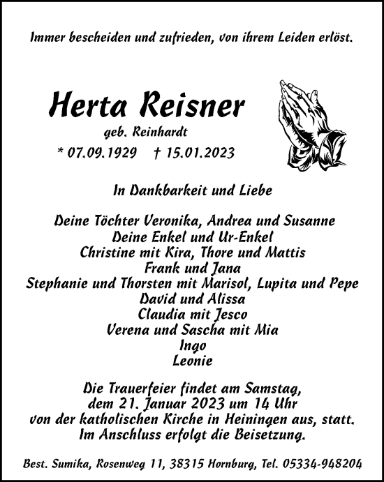Traueranzeige von Herta Reisner von Wolfenbütteler Zeitung