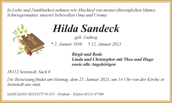 Traueranzeige von Hilda Sandeck von Wolfenbütteler Zeitung