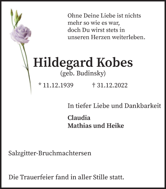 Traueranzeige von Hildegard Kobes von Salzgitter-Zeitung