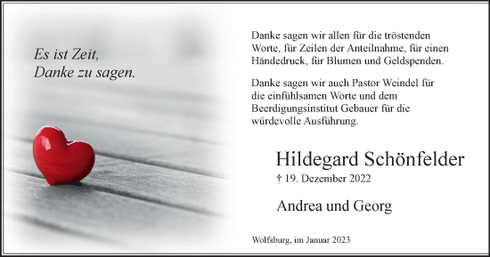 Traueranzeige von Hildegard Schönfelder von Wolfsburger Nachrichten