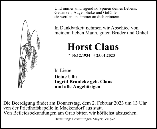 Traueranzeige von Horst Claus von Helmstedter Nachrichten