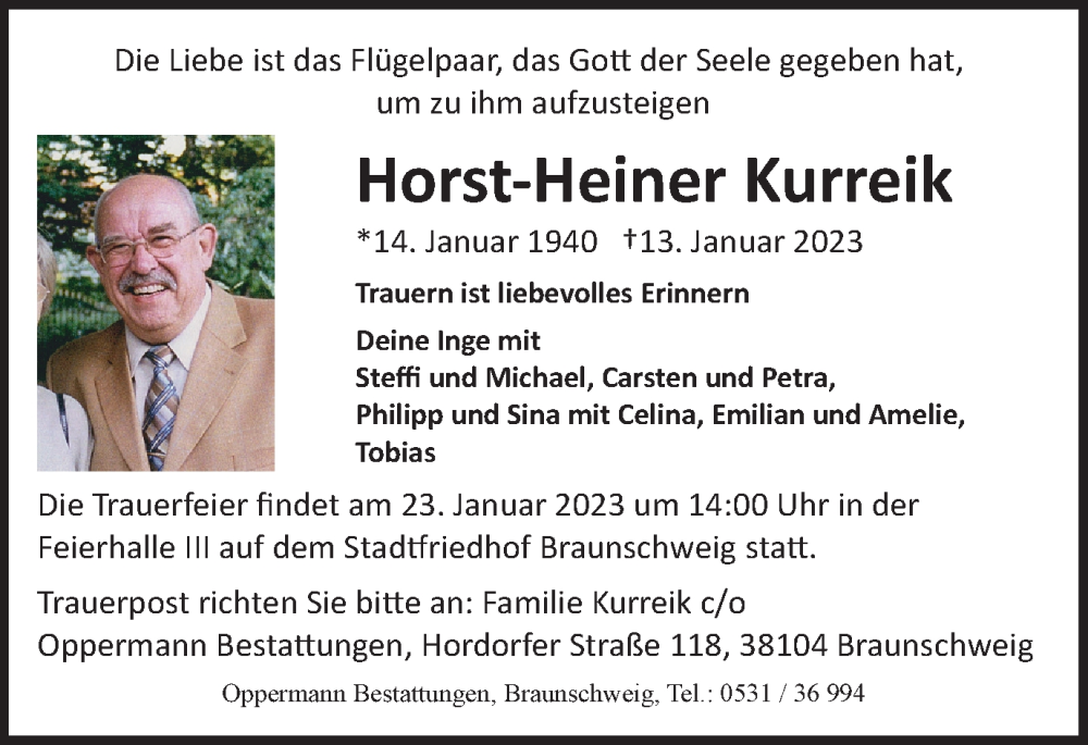  Traueranzeige für Horst-Heiner Kurreik vom 21.01.2023 aus Braunschweiger Zeitung